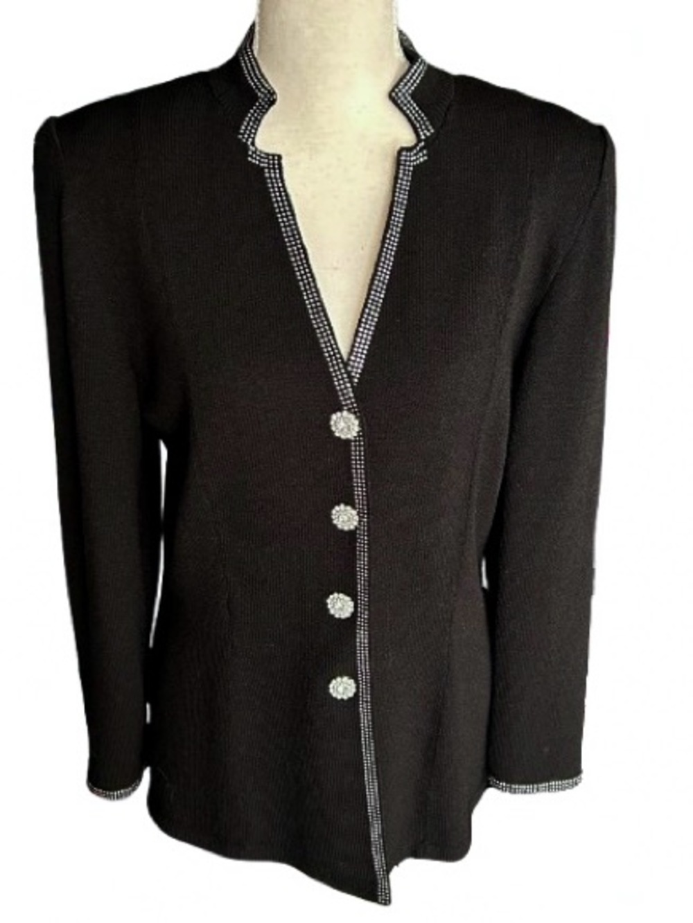 Vintage TOULA Jacket Cardigan Blazer Wool Knit Rhinestone Floral Designer Small